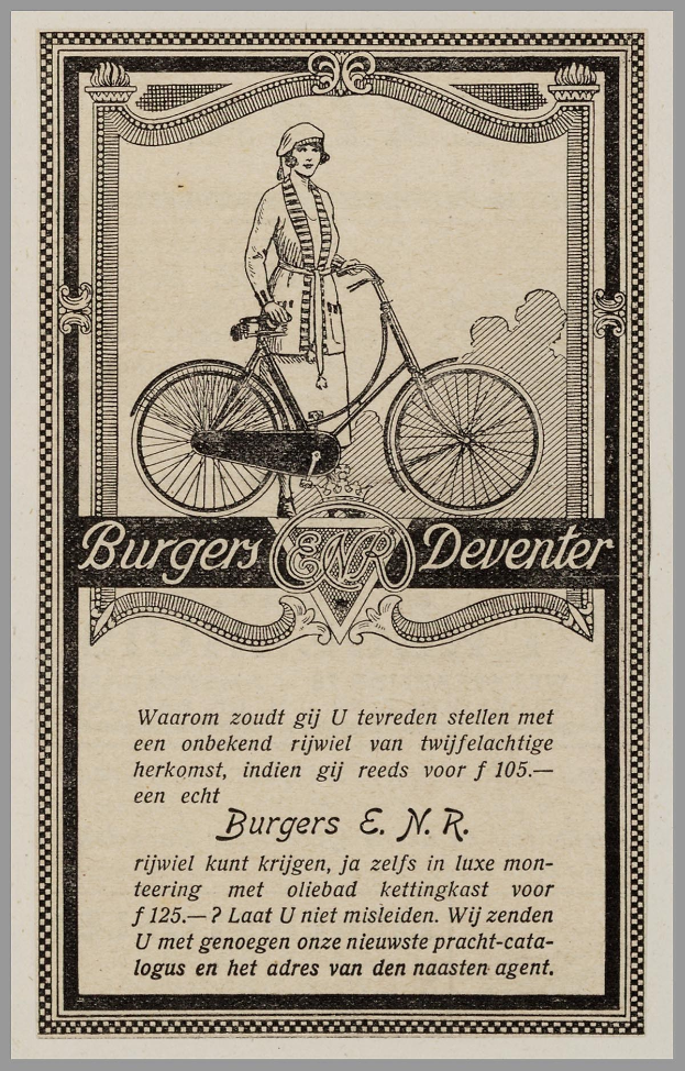 Alte Werbetafel für Burgers Deventer zeigt eine Frau auf einem Fahrrad mit Text, der die Merkmale beschreibt.