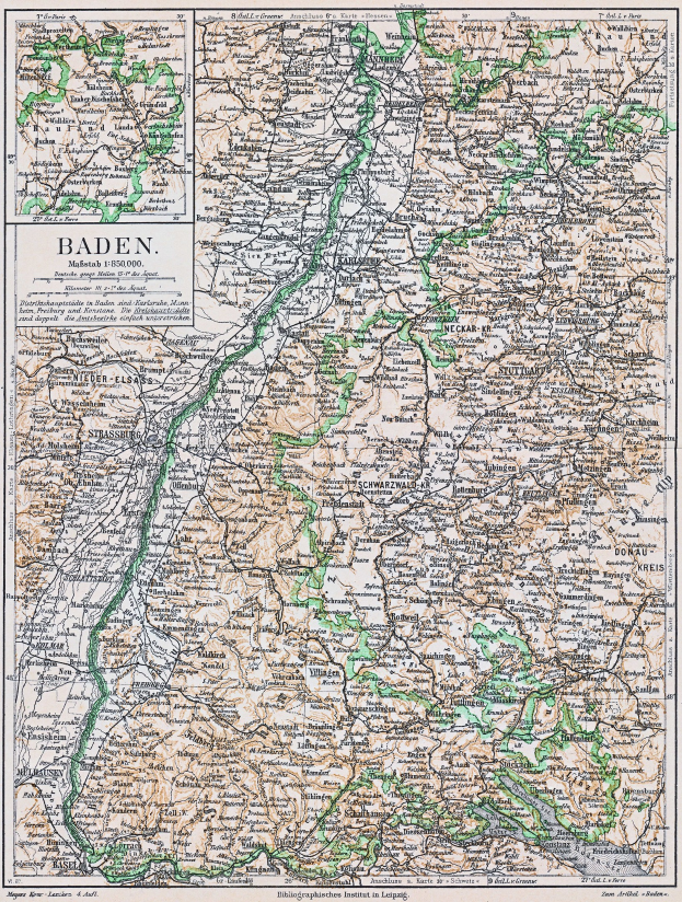 Ausführliche alte Karte von Baden-Württemberg, Deutschland, mit Straßen, Städten und geografischen Merkmalen, mit Text oben und unten auf dem Papier.