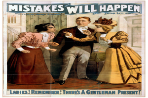 Ein Plakat mit einem Mann im Anzug und zwei Frauen in Kleidern, die nebeneinander stehen, mit der Aufschrift "Mistakes Will Happen" oben.