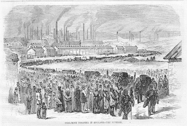 Schwarze und weiße Zeichnung von Menschen vor einem Fabrik mit Häusern und Rauch aus Schornsteinen, unten mit 'Kohlebergbau-Katastrophe in England das Ende' beschriftet.