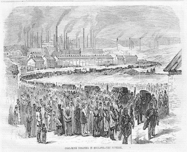 Schwarze und weiße Zeichnung von Menschen vor einem Fabrik mit Häusern und Rauch aus Schornsteinen, unten mit 'Kohlebergbau-Katastrophe in England das Ende' beschriftet.