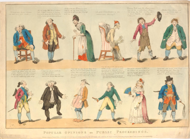 Zeitung mit Abbildungen von Menschen und handgeschriebenem Text, der öffentliche Meinungen zu Gerichtsverfahren zusammenfasst.