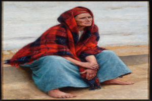 Eine alte Frau sitzt bei Sonnenuntergang in einem hellen Kleid mit Haarknoten auf dem Strand, die Augen geschlossen und die Hände im Schoß, eingerahmt von einem Foto.