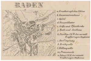 Ein detaillierter alter Stadtplan von Baden, Deutschland, der Straßen, Gebäude und Sehenswürdigkeiten mit Textbeschriftungen zeigt.