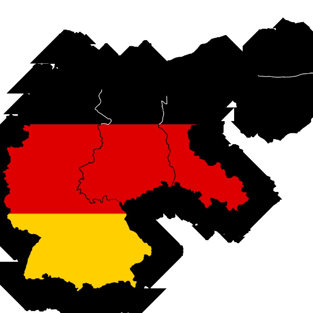 Karte von Deutschland mit horizontalen Streifen in rot, gelb und schwarz vor einem weißen Hintergrund.
