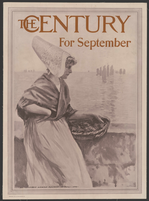 Eine Frau in einem weißen Kleid und einem blauen Schal hält einen Korb, mit der Aufschrift "Das Jahrhundert für September" darüber, vor einem sternenklaren Nachthimmel.