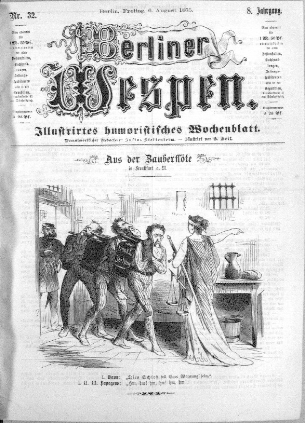 Altes Schwarz-Weiß-Zeitungsbild vom "Berliner Wespen, 6. August 1875" mit einer Gruppe von Menschen in Not, einige schauen ängstlich nach oben und andere verwirrt nach unten.