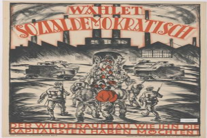 Ein deutsches Propagandaplakat der Nazi-Partei der Sowjetunion, das eine Gruppe von Menschen und Fahrzeugen im Vordergrund, ein Gebäude im Hintergrund und den Text 'Wahlet Sozialdemokratisch - der Wiederaufbau wiehn die Kapitalisten haben mochten' zeigt.