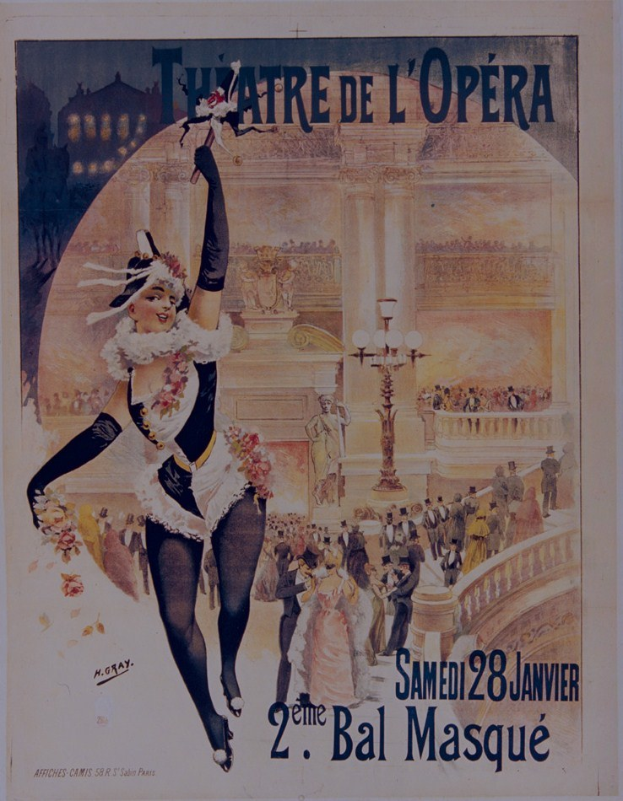 Plakat für das Théâtre de l'Opéra in Paris mit einer zentralen Frau, umgeben von einer Menge, Laternen und einem Gebäude im Hintergrund mit Text.