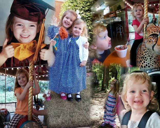 Collage mit lustigen Fahrgeschäften, Kindern, einem Tisch mit Lebensmitteln, Besteck, Lichtern, natürlichen Elementen und anderen Gegenständen.