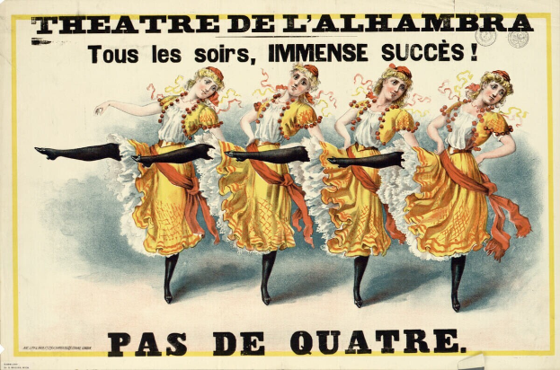 Ein Plakat für das Théâtre de l'Alhambra in Paris, Frankreich, das eine Gruppe von Frauen in bunten Kleidern tanzt.