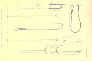 Ein Blatt Papier mit einer Zeichnung von chirurgischen Instrumenten wie einer Nadel, einem Faden und anderen Werkzeugen, begleitet von Text.