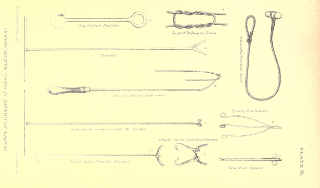 Ein Blatt Papier mit einer Zeichnung von chirurgischen Instrumenten wie einer Nadel, einem Faden und anderen Werkzeugen, begleitet von Text.