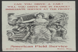 Ein Plakat mit schwarzem Hintergrund, das eine Frau und einen Mann zeigt, mit der Aufschrift "Kannst du ein Auto fahren? Wirst du eines in Frankreich fahren? Sofortiger Dienst an der Front."