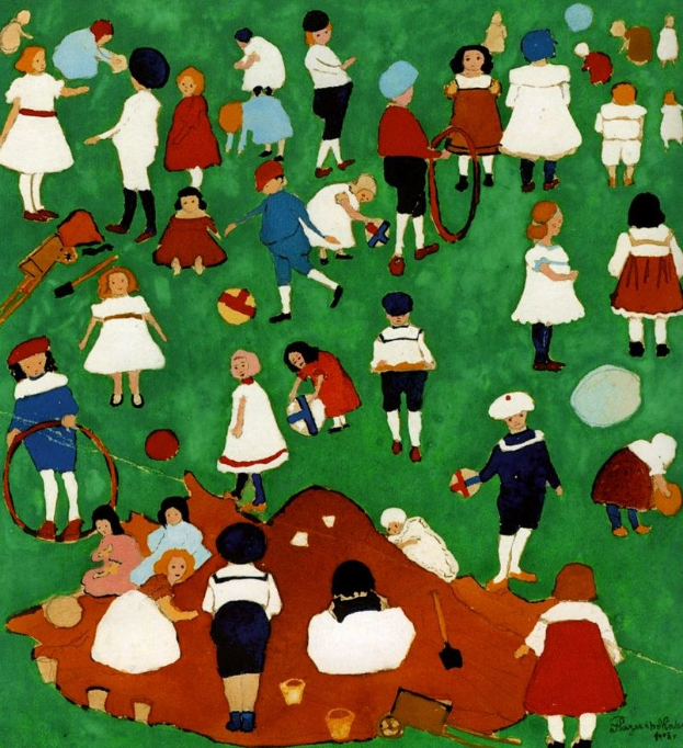 Malerei von Kindern, die auf einem Feld spielen und Bälle und Schaufeln halten, mit einem Wasserzeichen auf der rechten Seite.