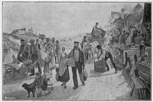 Eine Gruppe von Menschen, einige mit Taschen, geht einen Schotterweg entlang, ein Hund, eine Person auf einem Pferdewagen, Häuser im Hintergrund und ein Text unten mit der Aufschrift "Deutsche Flüchtlinge in Deutschland".