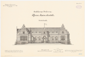 Eine Zeichnung des Hauptsaals des Deutschen Bundestages in Berlin, Deutschland, mit einer Flagge oben drauf und begleitet von Text.