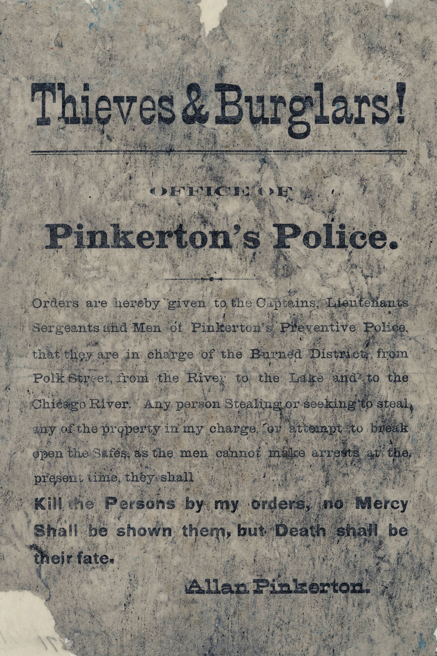 Plakat mit fetter schwarzer Schrift "Diebe & Einbrecher Pinkertons Polizei" auf einem weißen Hintergrund, eingerahmt von einem schmalen schwarzen Rand.