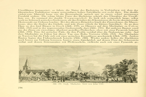 Offenes Buch mit einer Stadtansicht-Illustration, die Gebäude, Bäume und Menschen enthält, sowie sichtbarem Text.