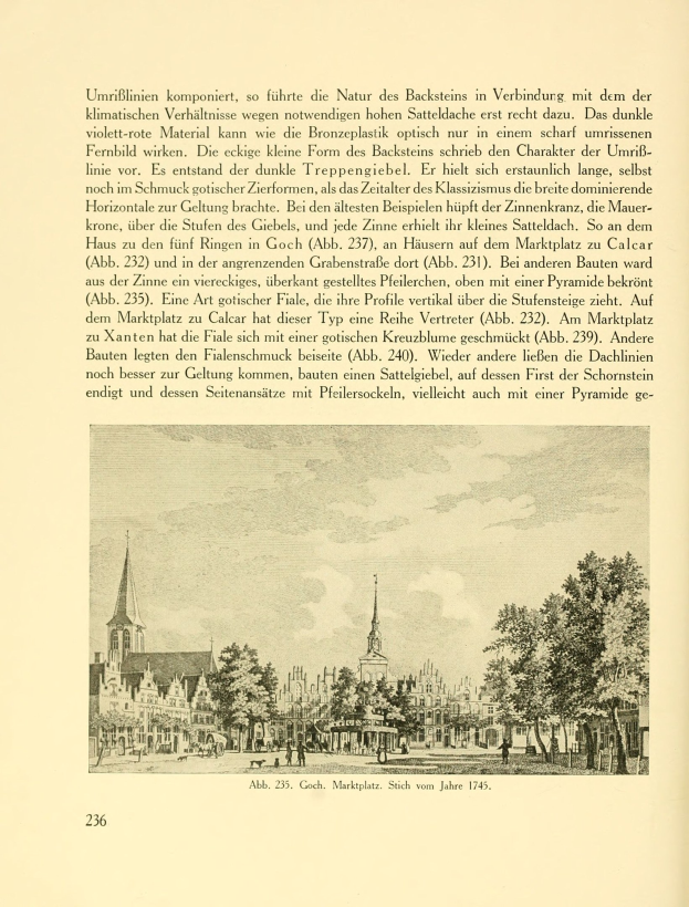 Offenes Buch mit einer Stadtansicht-Illustration, die Gebäude, Bäume und Menschen enthält, sowie sichtbarem Text.