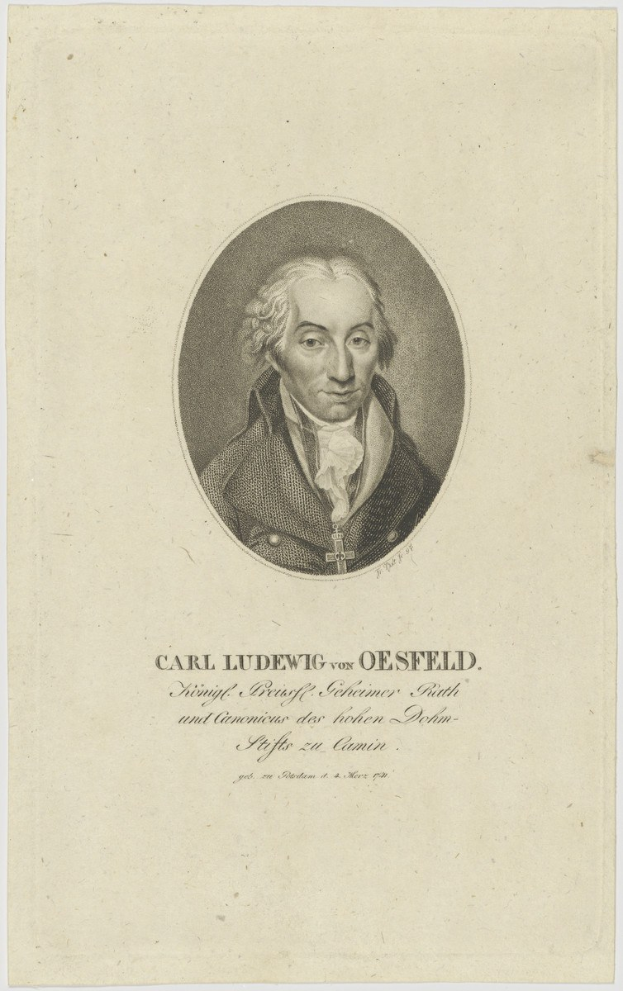 Porträt von Carl Ludwig von Oesfeld im Anzug und Krawatte mit ernstem Gesichtsausdruck, verschränkten Händen und direktem Blick auf den Betrachter.
