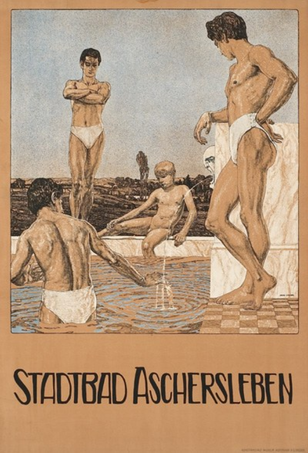 Plakat, das ein Schwimmbad in Aschersleben, Deutschland, zeigt, mit Menschen im Wasser und einem sitzenden Menschen, begleitet von Text über die Ausstattung des Pools.