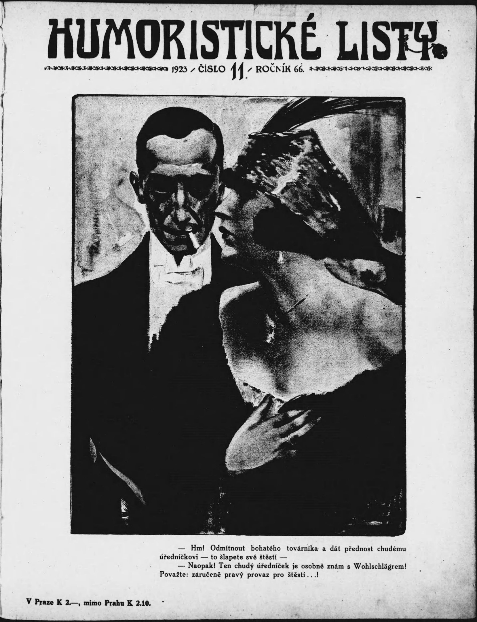 Schwarze und weiße Zeitschriftumschlag mit der Aufschrift 'Humoristische Liste', der einen Mann im Anzug mit ernster Miene und eine Frau zeigt, die verschmitzt in die Ferne blickt.