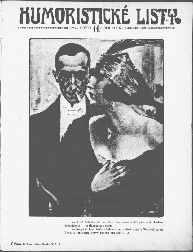 Schwarze und weiße Zeitschriftumschlag mit der Aufschrift 'Humoristische Liste', der einen Mann im Anzug mit ernster Miene und eine Frau zeigt, die verschmitzt in die Ferne blickt.