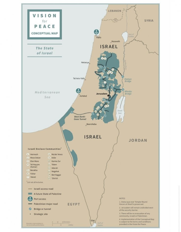Ein Plakat mit der Aufschrift "Vision für Friedenskonzept-Karte" mit einer farbcodierten Karte von Israel in fetter schwarzer Schrift.