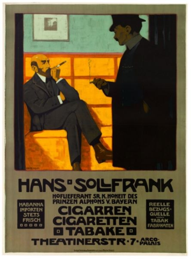 Ein Plakat mit dem deutschen Schauspieler Hans Solfrank, der auf einem Sofa sitzt, eine Zigarette hält, einen schwarzen Anzug und ein weißes Hemd trägt und einen ernsten Gesichtsausdruck hat, vor einem hellblauen Hintergrund, mit der Aufschrift 'Hans SolFrank'.
