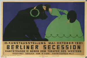 Plakat der Berliner Secession mit einer Frau in einem grünen Kleid und einem Mann in einem schwarzen Anzug mit Textbeschreibung.