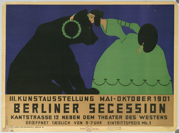 Plakat der Berliner Secession mit einer Frau in einem grünen Kleid und einem Mann in einem schwarzen Anzug mit Textbeschreibung.