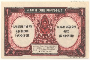 Alte französische Banknote mit ernstem Mann im Anzug und der Frage "A qui le crime profite-il?" auf weißem Hintergrund mit schwarzem Rand.