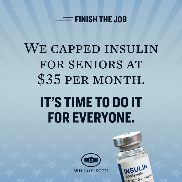 Plakat mit einer Insulinampulle auf der rechten Seite und dem Text "Wir haben Insulin für Senioren auf 35 Dollar pro Monat begrenzt. Es ist an der Zeit, das für alle zu tun."