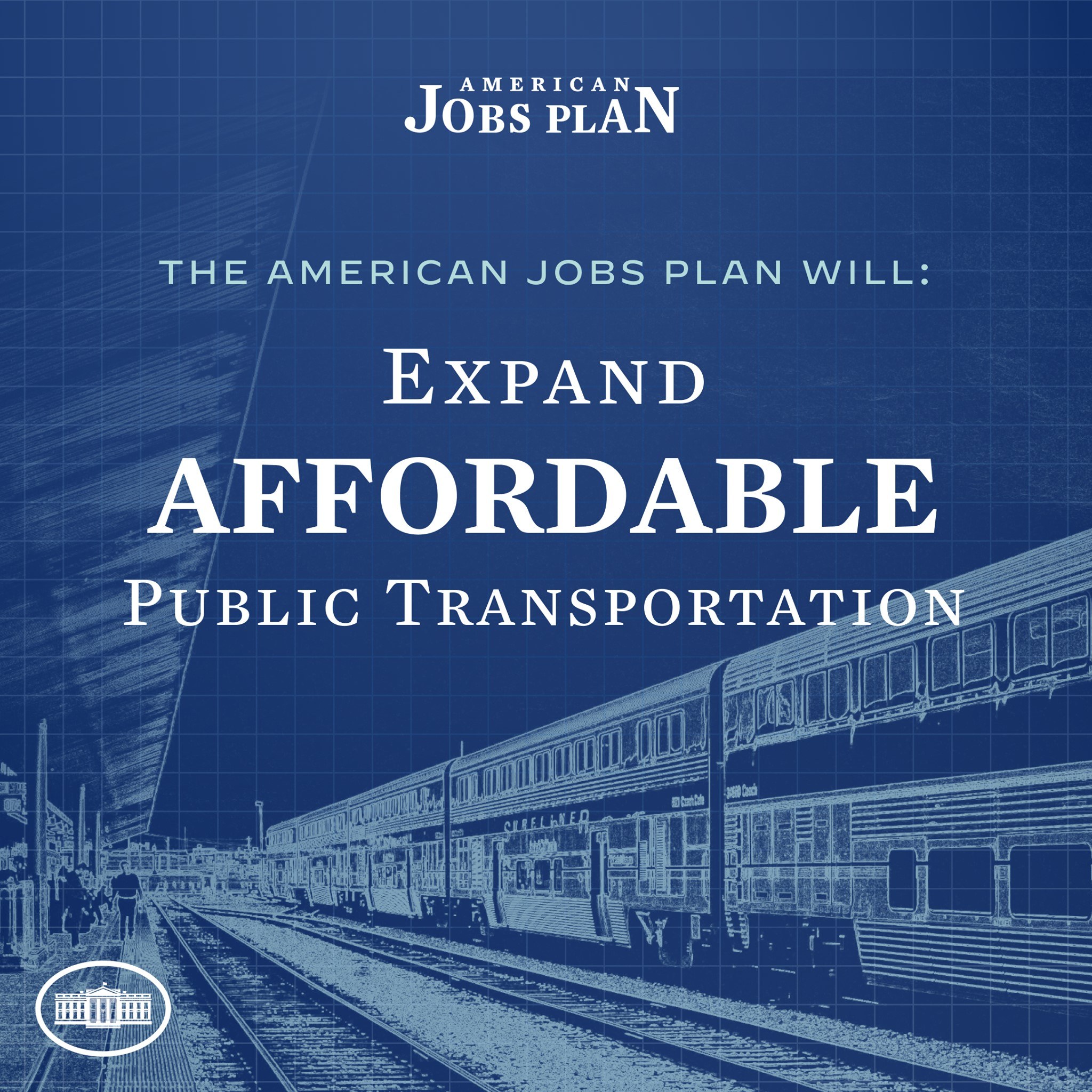 Plakat mit einem Zug auf einem Gleis mit mehreren Menschen in der Nähe, das 'The American Jobs Plan Will Expand Affordable Public Transportation' bewirbt.
