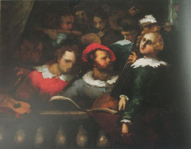 Gemälde mit dem Titel 'Die Musikstunde' von Pieter Bruegel dem Älteren, das eine Gruppe von Menschen in bunten Kleidern zeigt, die Musikinstrumente spielen, darunter eine Geige, ein Cello und eine Trommel, sowie eine Person mit einem Buch in der Hand vor einem tiefblauen Hintergrund, der von warmem gelbem Licht erhellt wird.