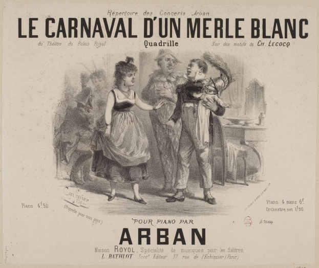Ein Blatt mit einer Zeichnung eines Mannes und einer Frau in traditioneller Kleidung vor einer festlichen Karnevals Szenerie, betitelt "le carnaval d'un merle blanc."