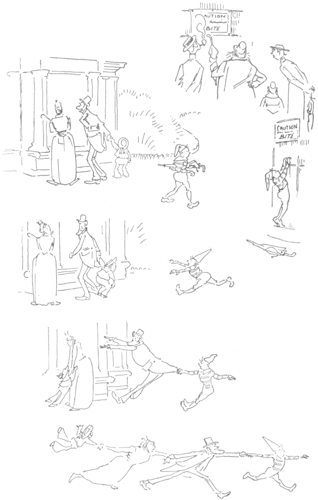 Ein Mann in Zylinder und langem Mantel tanzt mit einer Frau in Schürze und Kleid, beide lächeln und wirken fröhlich.