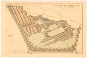 Detailreiches altes Berlin-Karte, das Volkspark Rehberg in der Mitte hervorhebt, mit Gebäuden, Straßen und Parkmerkmalen sowie begleitendem Text.