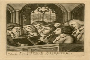 Eine Gruppe von Menschen, die in einer Kirche singen, einer hält ein Buch in der Hand, mit Säulen und einem Fenster im Hintergrund und Text, der unten "Die Kirchenchoristen" liest.