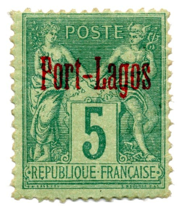 Grüne Briefmarke mit "Port-Lagos" darauf vor weißem Hintergrund.