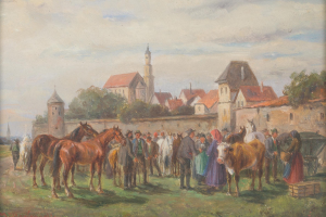 Ein Gemälde namens "Pferde auf dem Markt" aus dem Jahr 1887 zeigt eine Gruppe von Menschen, die um Pferde in einem Feld stehen, mit einem Wagen im Vordergrund und Gebäuden, Bäumen und Himmel im Hintergrund.