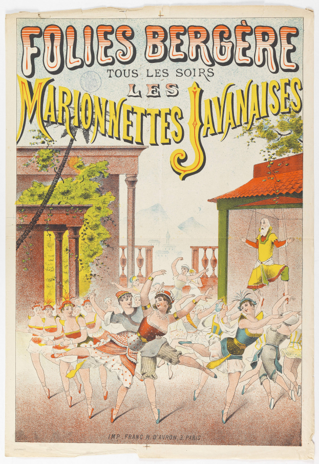 Ein Plakat, das eine Tanzshow in Paris ankündigt, mit einer Gruppe von Menschen, die im Vordergrund tanzen, einem Gebäude, Bäumen und Himmel im Hintergrund und Text auf dem Plakat.