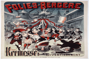 Ein Plakat für das Folies-Bergère-Festival in Paris, das eine Gruppe tanzender Menschen im Vordergrund zeigt, mit Gebäuden, Flaggen und einem Baum im Hintergrund und französischem Text oben und unten.