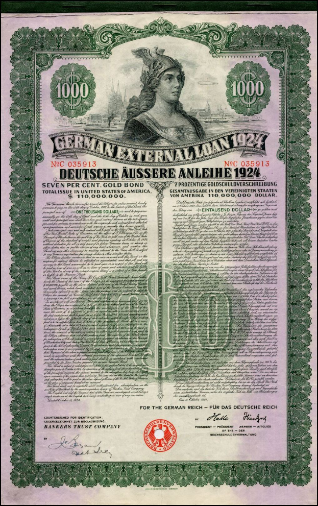 Altes deutsches Außenanleihe-Dokument aus dem Jahr 1924 mit einem Porträt einer Frau, bedruckt mit Text und numerischer Bezeichnung.