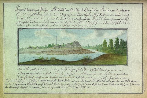 Altes Buch mit dem Titel "Deutsche Landschaften, Landschaft und Landschaft Deutschlands, 18. Jahrhundert" mit einer Illustration eines Flusses, Hauses, Bäume, Gras und bewölkten Himmel.