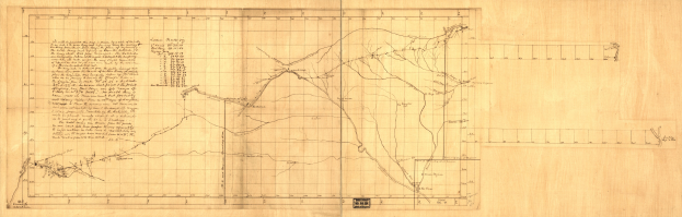 Ein altes Buch mit einer detaillierten Karte, die Straßen, Autobahnen und beschriftete Städte, Ortschaften und Sehenswürdigkeiten zeigt.