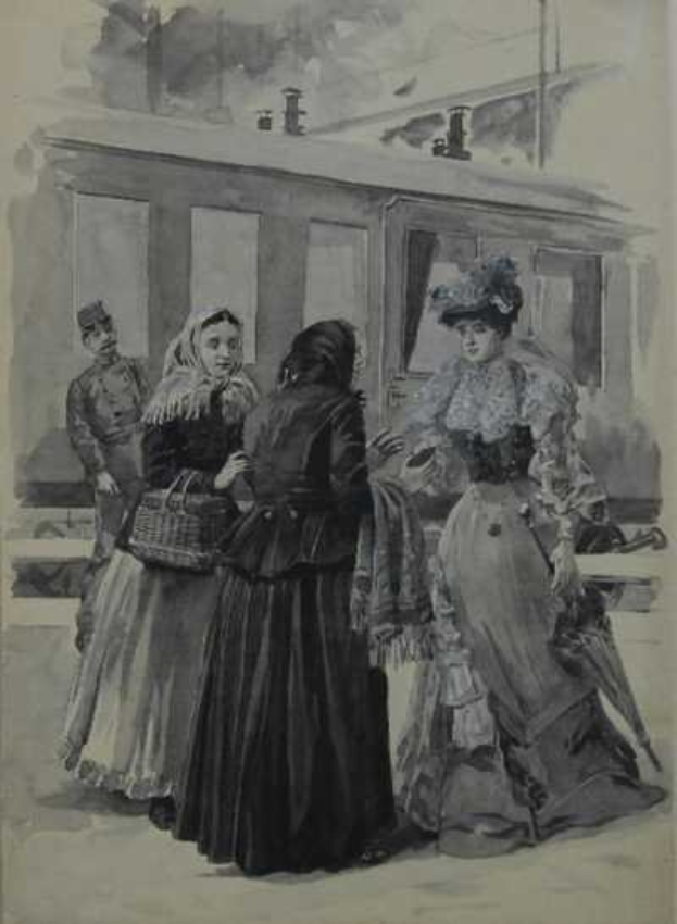 Schwarzes und weißes Foto einer Gruppe von Frauen, die neben einem Zug stehen, eine hält einen Korb, mit einer Person im Hintergrund neben einem Zugfenster und Text unten mit der Aufschrift "Abtropfen aus dem Leben und der Zeit der ersten Dame der Vereinigten Staaten von einem Unbekannten"