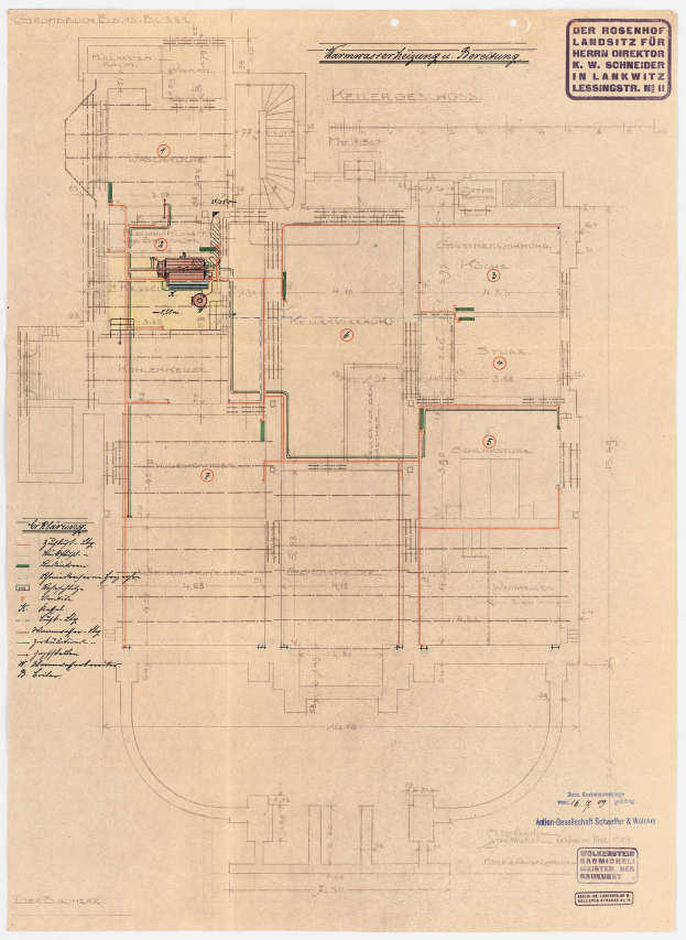 Schwarze-weiße Architekturdarstellung des Rosenhof-Krankenhauses in Hamburg, Deutschland, mit detailliertem Grundriss mit beschrifteten Räumen, Fluren und ausführlicher Verdrahtung.