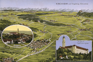 Schwarze und weiße Postkarte von Kirchheim und Umgebung, Deutschland, zeigt eine Karte der Stadt mit Gebäuden, Bäumen, Hügeln und Himmel, begleitet von Text.